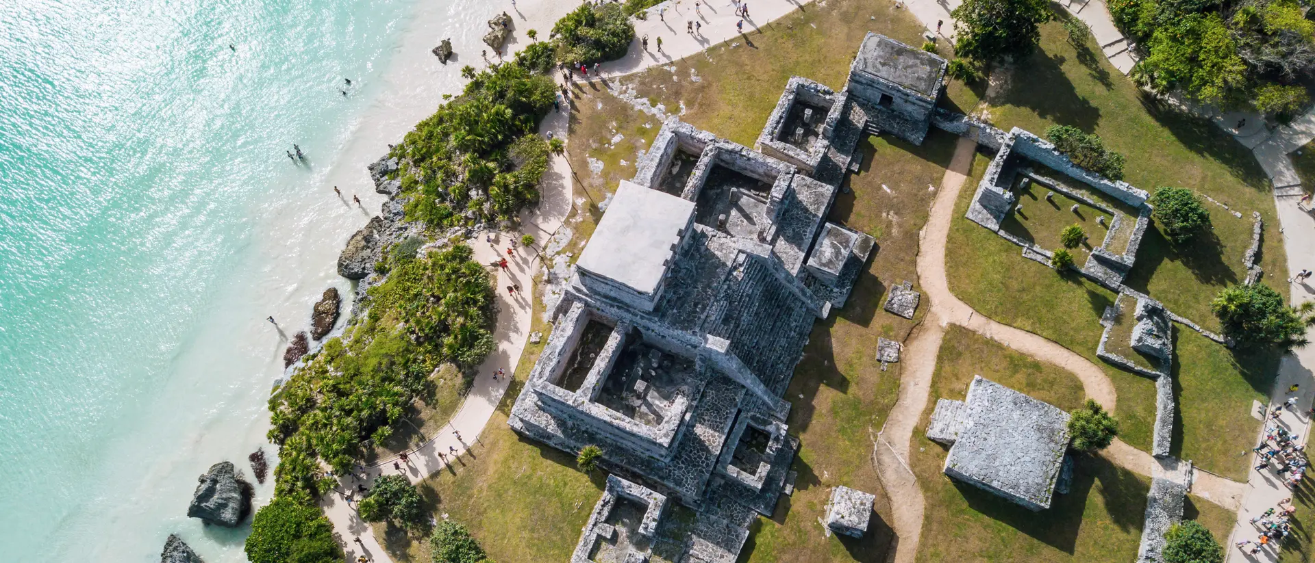 El Castillo, Quintana Roo Aerial view of Tulum, the site of a pre-Columbian Maya walled city, the only one to have been built overlooking the sea