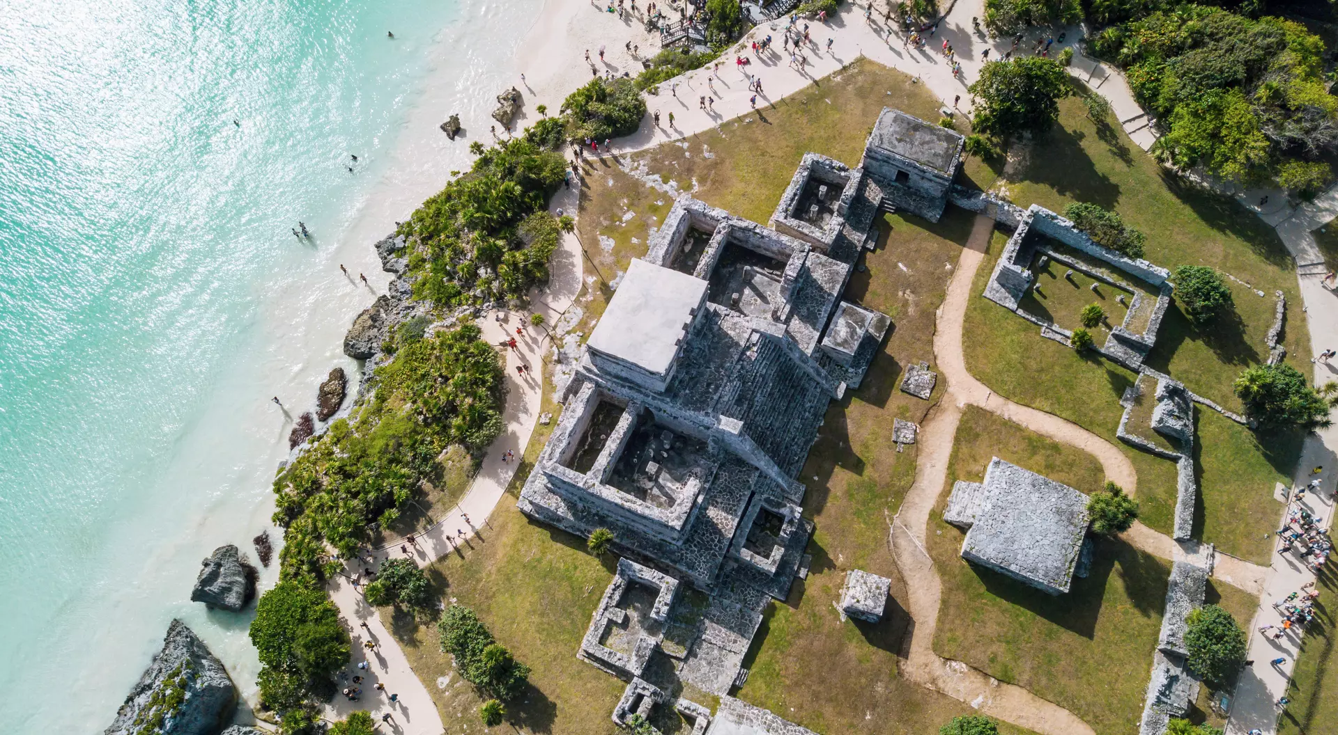 El Castillo, Quintana Roo Aerial view of Tulum, the site of a pre-Columbian Maya walled city, the only one to have been built overlooking the sea