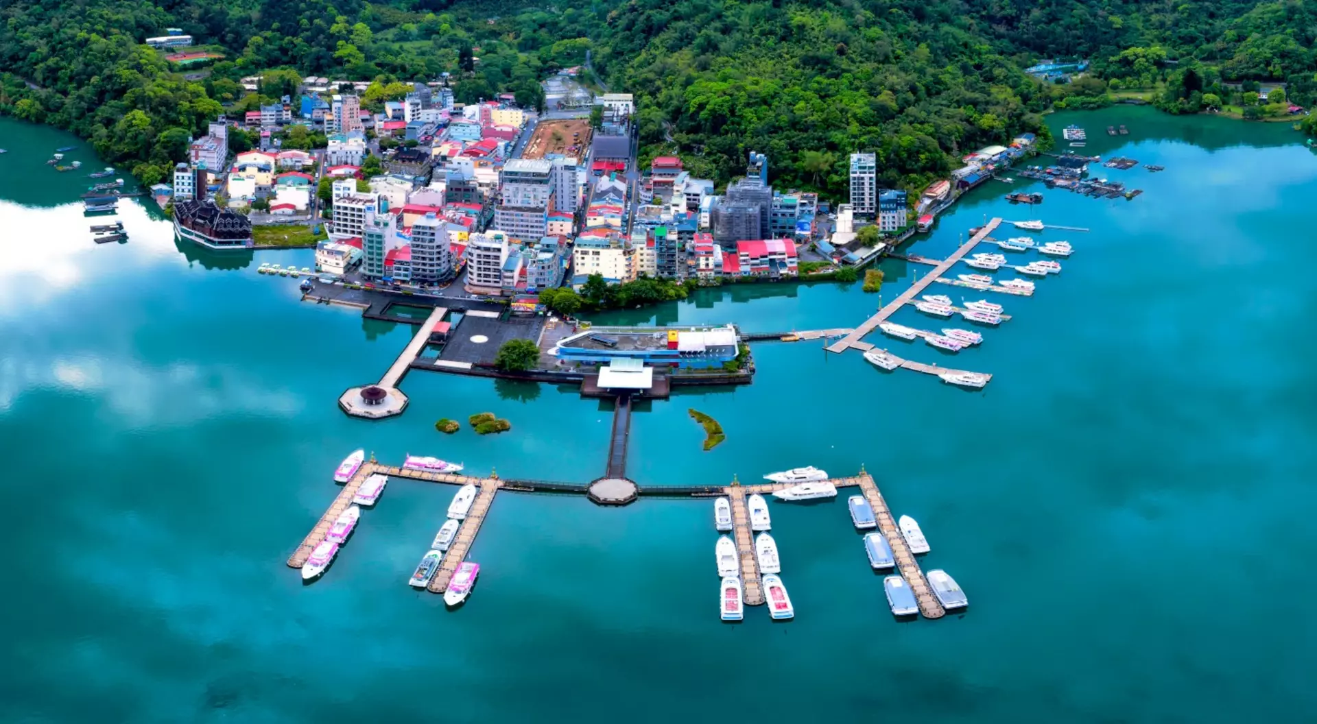 Ita Thao Pier, Sun Moon Lake, Yuchi, Nantou Aerial shot of wharf, pier and beautiful lake waters