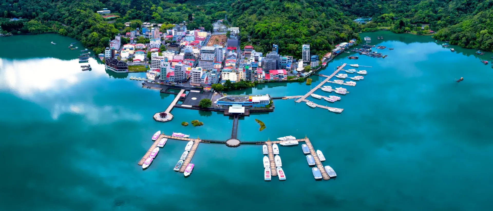 Aerial shot of wharf, pier and beautiful lake waters