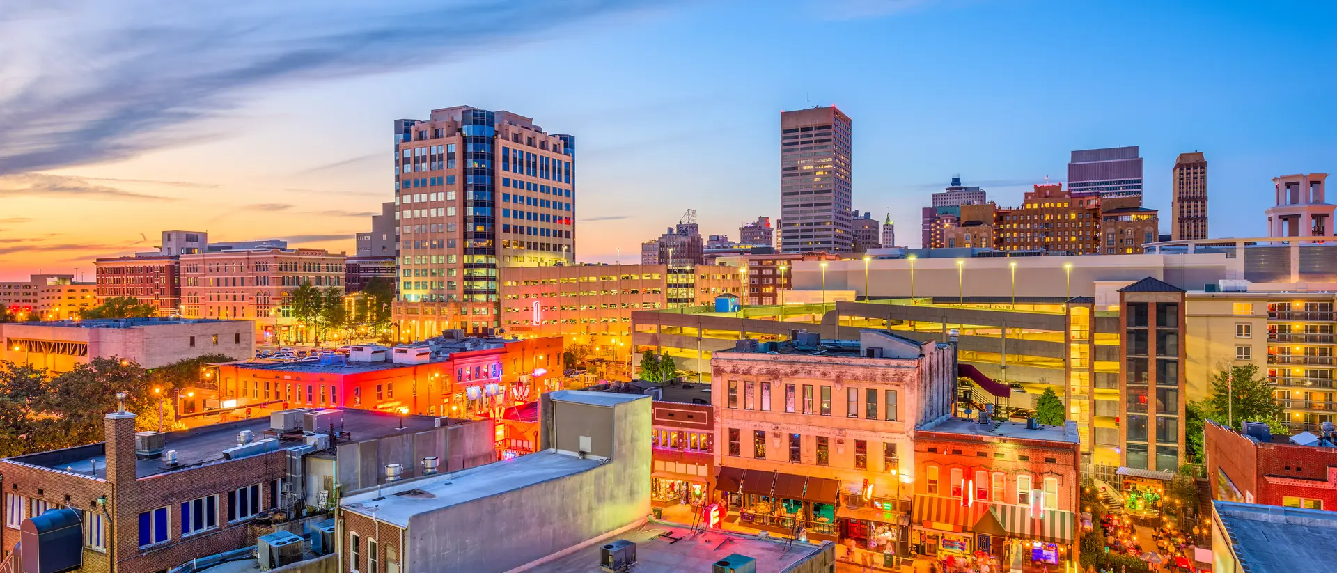 Memphis, United States Downtown cityscape at dusk over Beale Street
