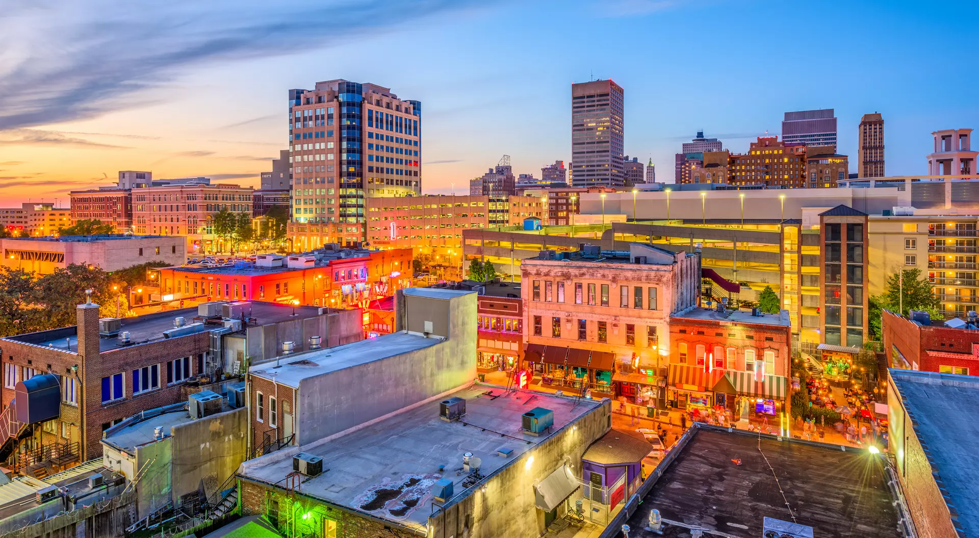 Memphis, United States Downtown cityscape at dusk over Beale Street