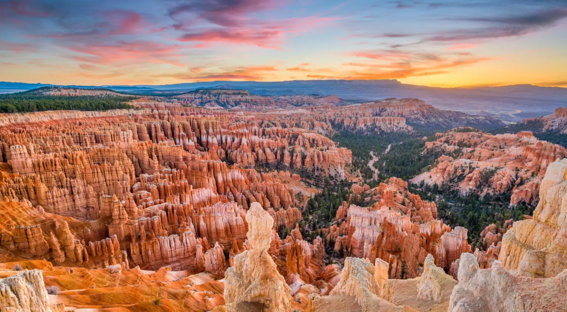 Bryce Canyon, Utah Stone and geographic formations of canyon at sunrise