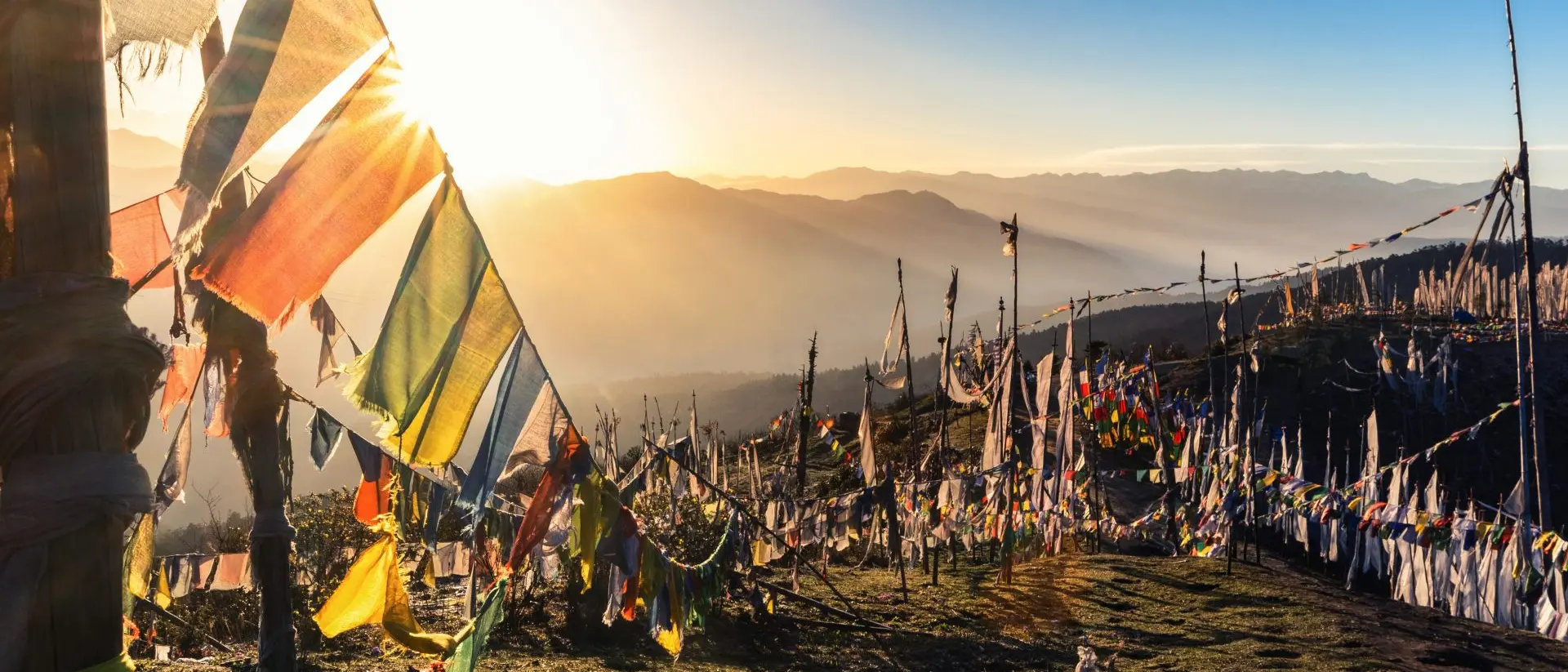Chelela Pass Sunrise at 4000 meters at the highest pass of Bhutan, Chele la with prayer flags flying in the wind