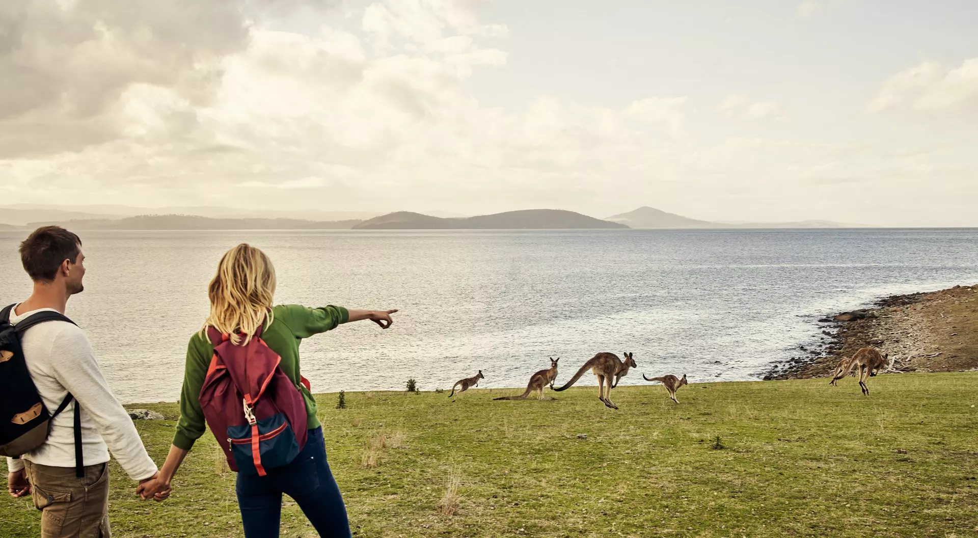 A couple stands by the water, pointing at kangaroos on the shore under a cloudy sky.