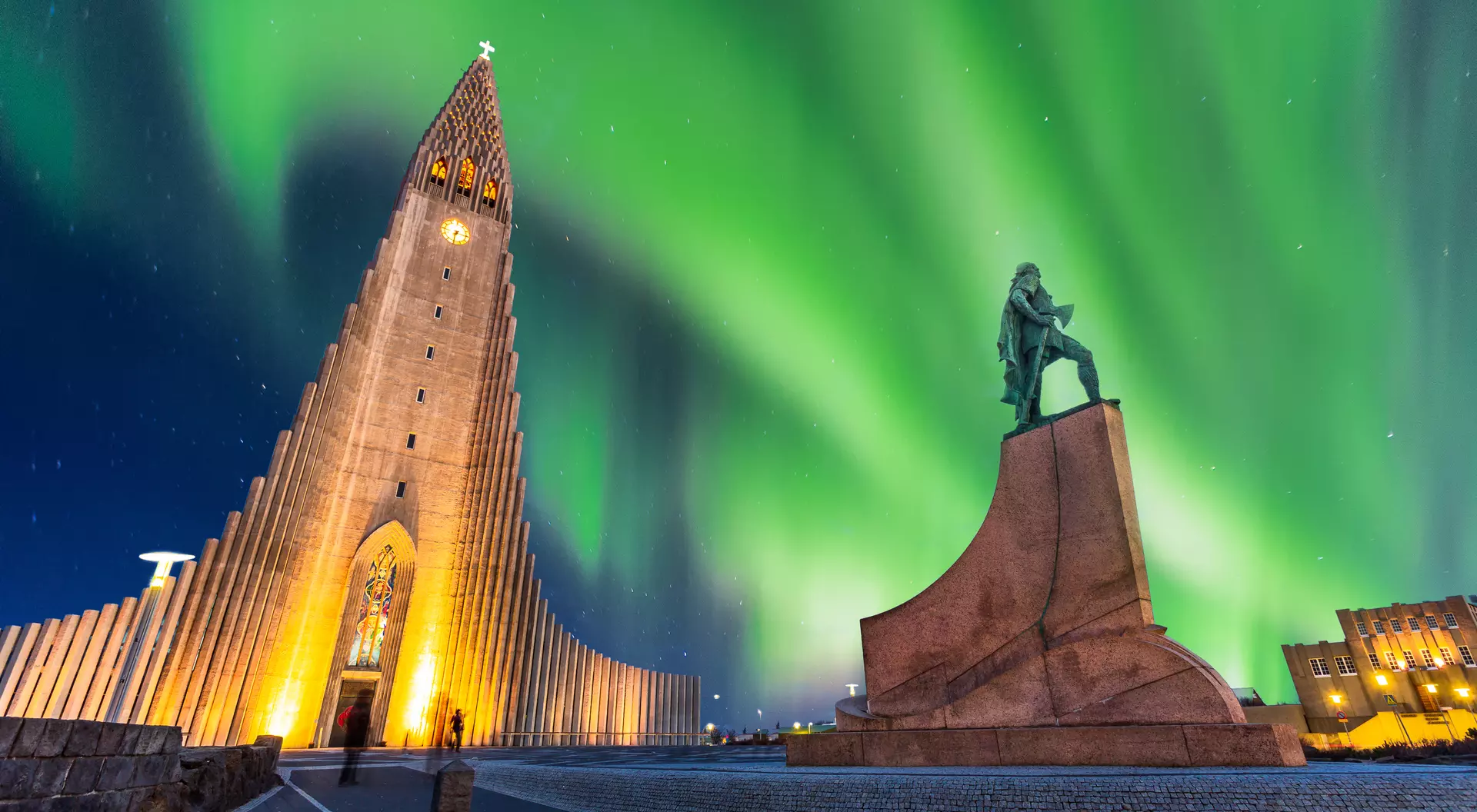 Hallgrimskirkja Church Aurora Borealis above Hallgrimskirkja Church