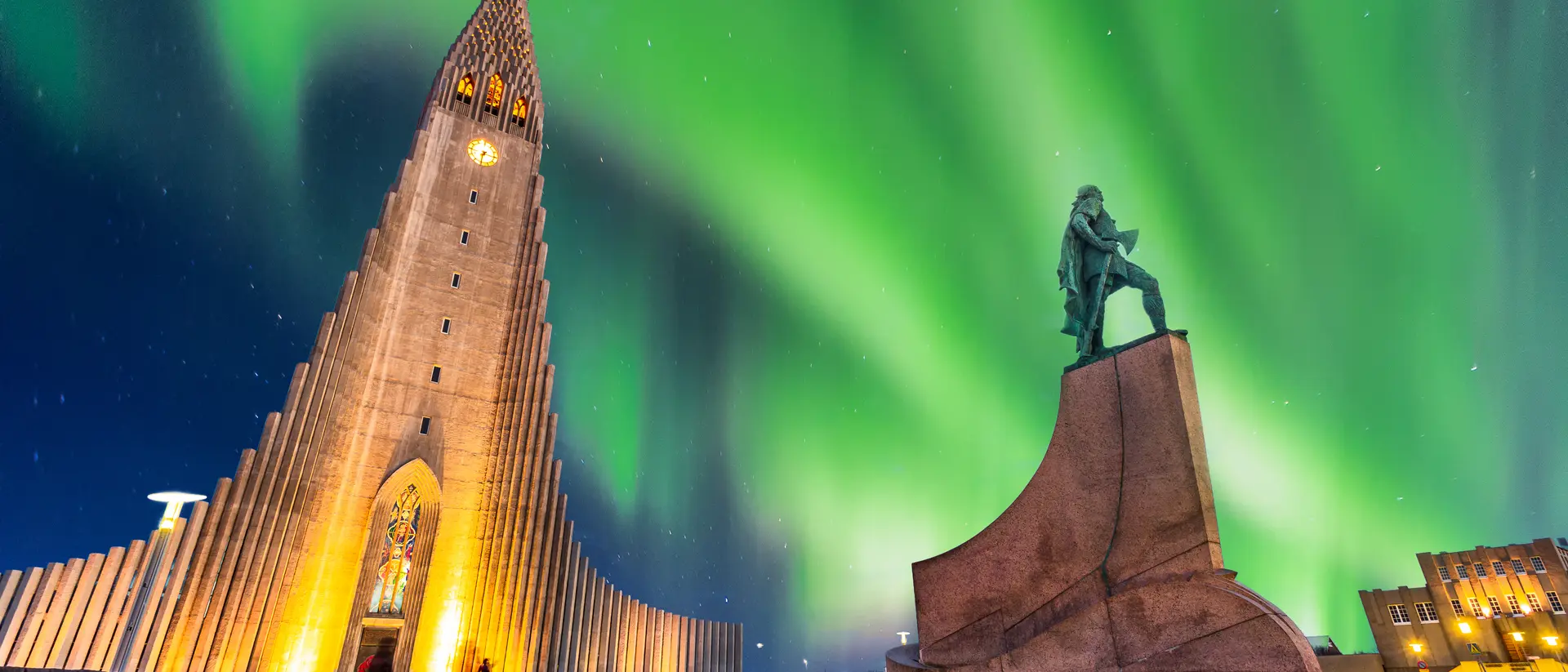 Hallgrimskirkja Church Aurora Borealis above Hallgrimskirkja Church