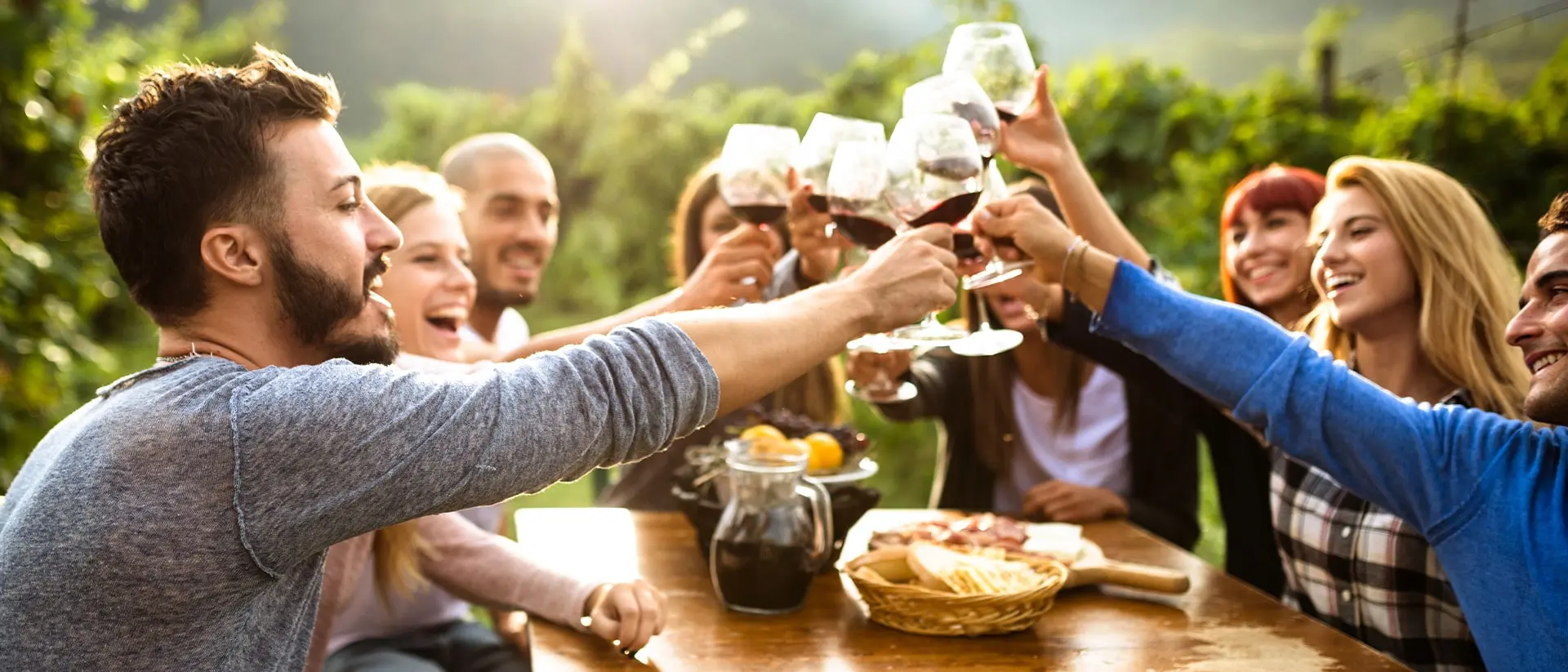 Italy Friends celebrate outdoors, raising wine glasses for a toast around a sunny table with food, surrounded by greenery and smiles.
