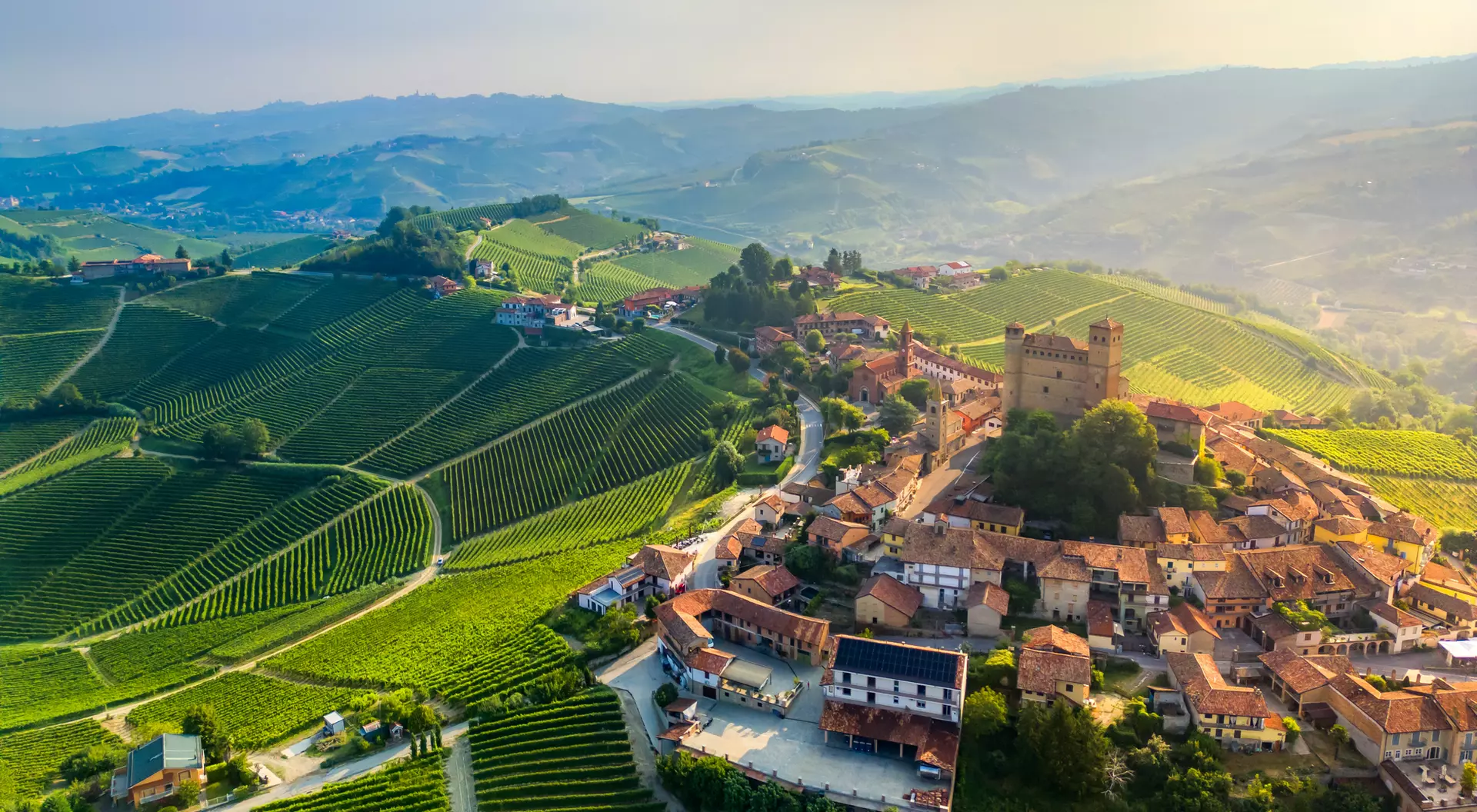 Aerial view of the town of Serralunga d'Alba in Piedmont region of Italy.