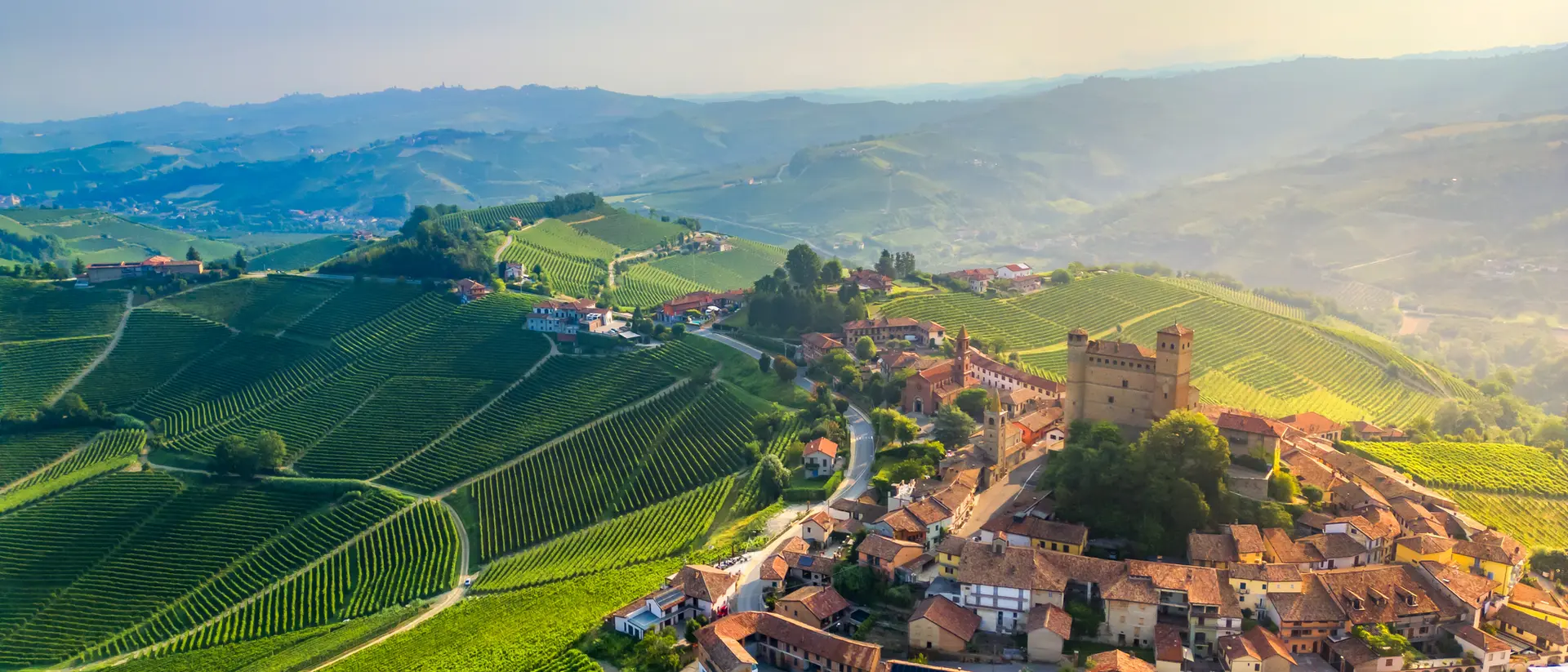 Aerial view of the town of Serralunga d'Alba in Piedmont region of Italy.