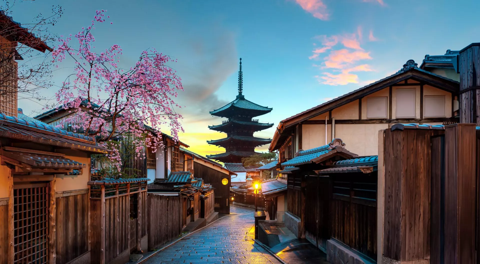 Japanese city street with pagoda and traditional homes