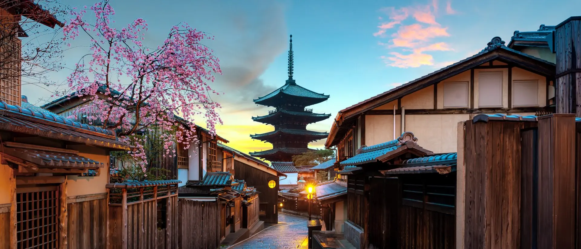 Japanese city street with pagoda and traditional homes
