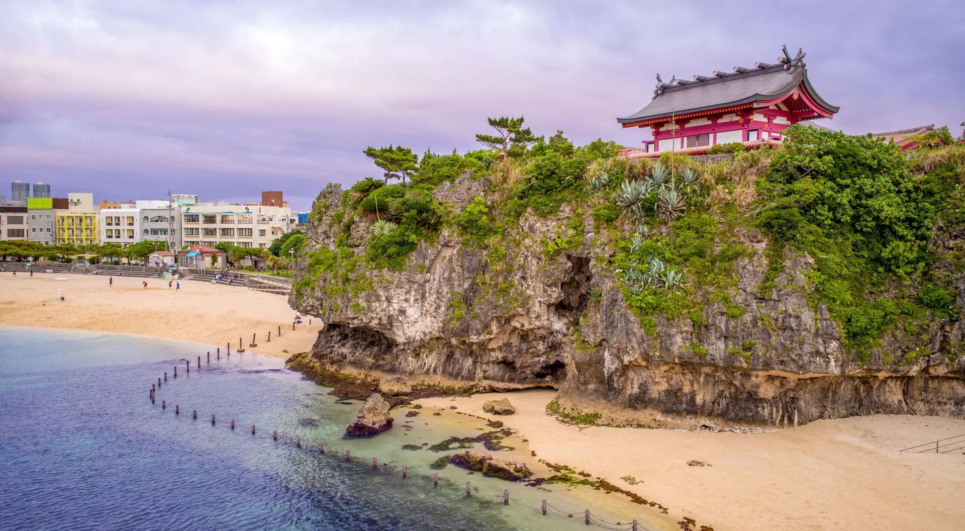 Naminoue Shrine, Okinawa, Japan Japanese shrine on hill over breach and ocean
