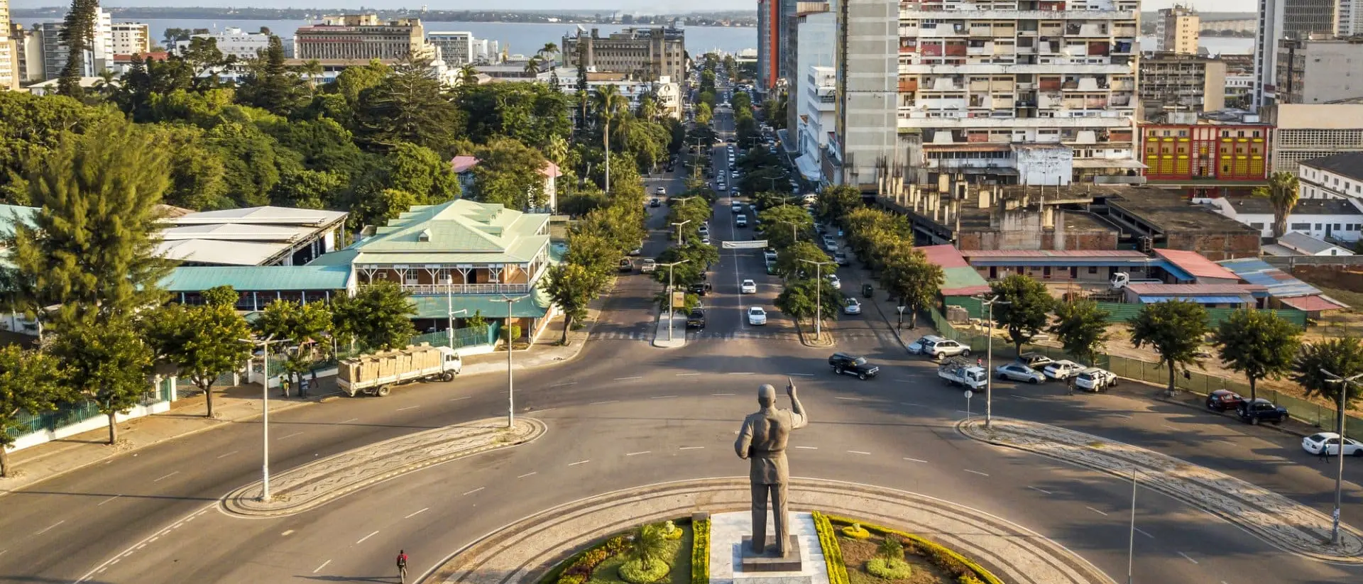 Samora Machel statue on Independence Square with the view of city downtown