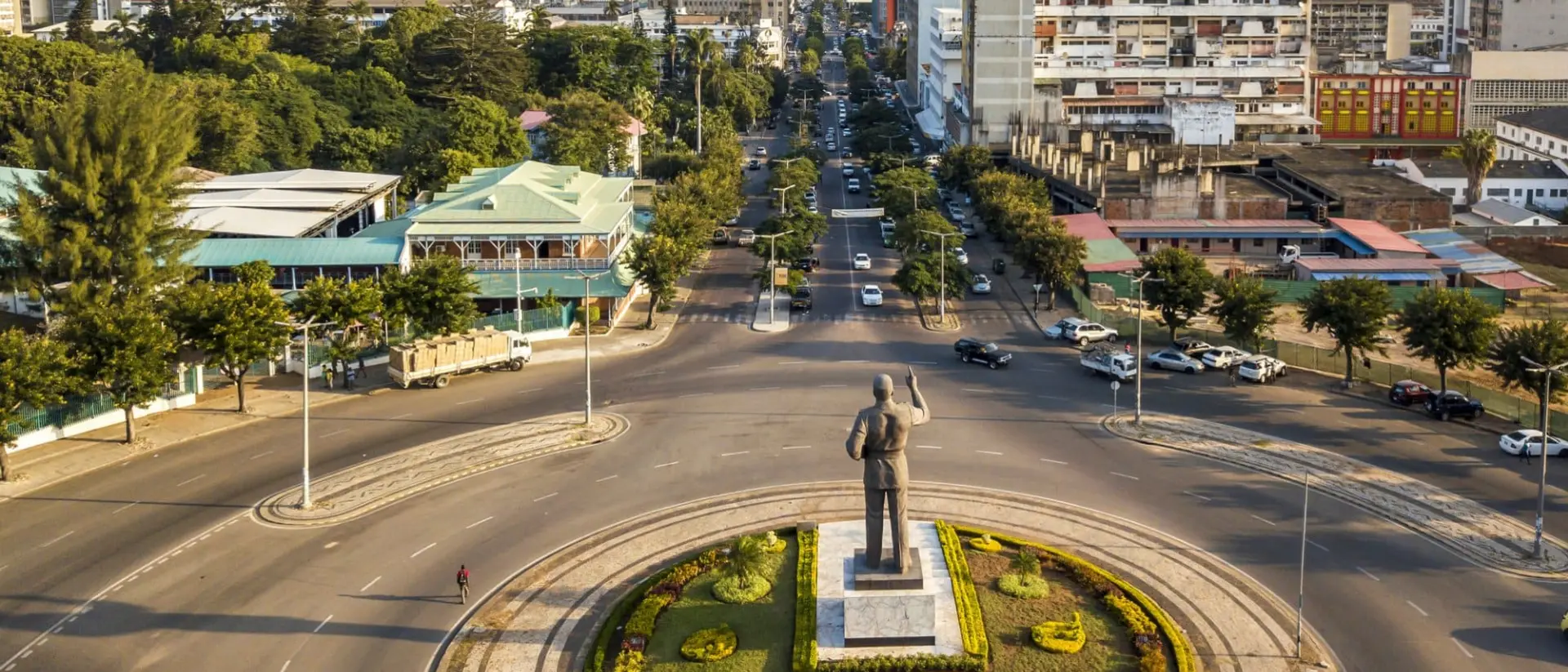 Samora Machel statue on Independence Square with the view of city downtown