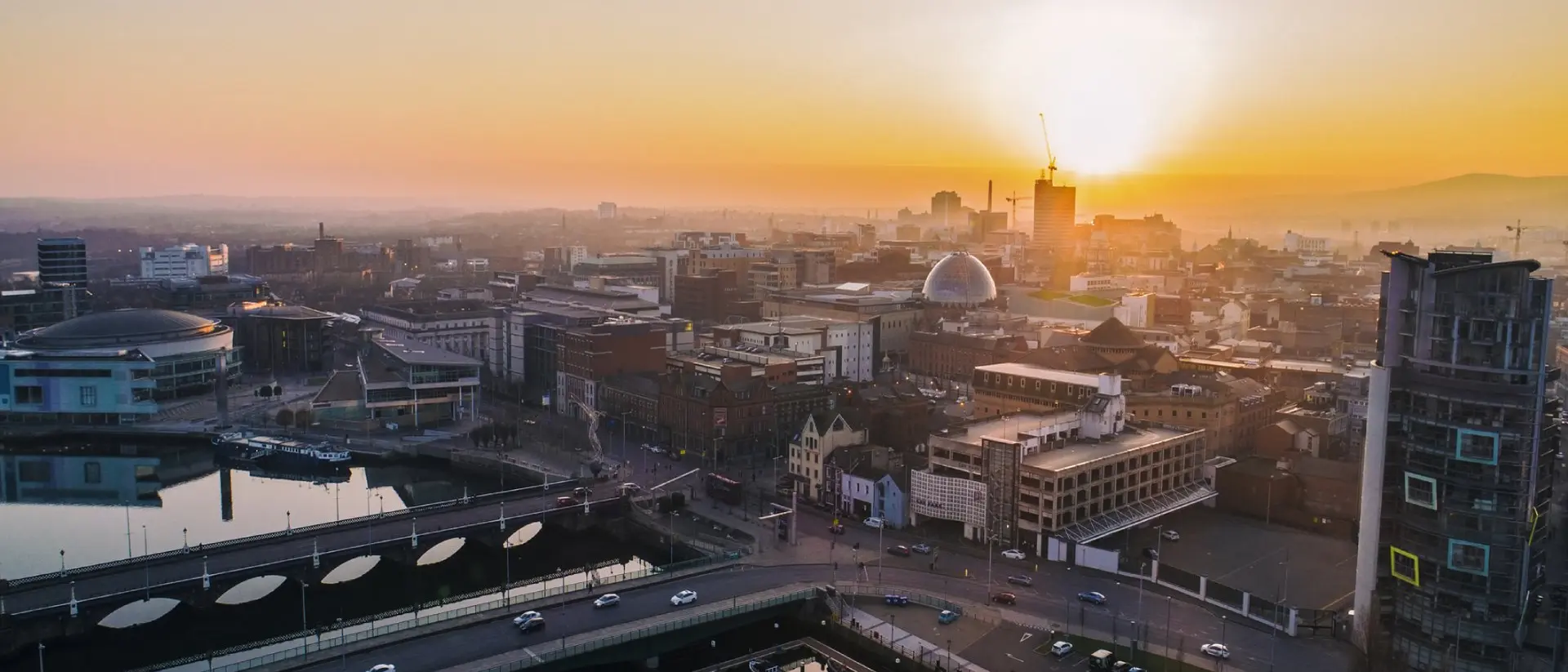 Belfast sunset aerial view 