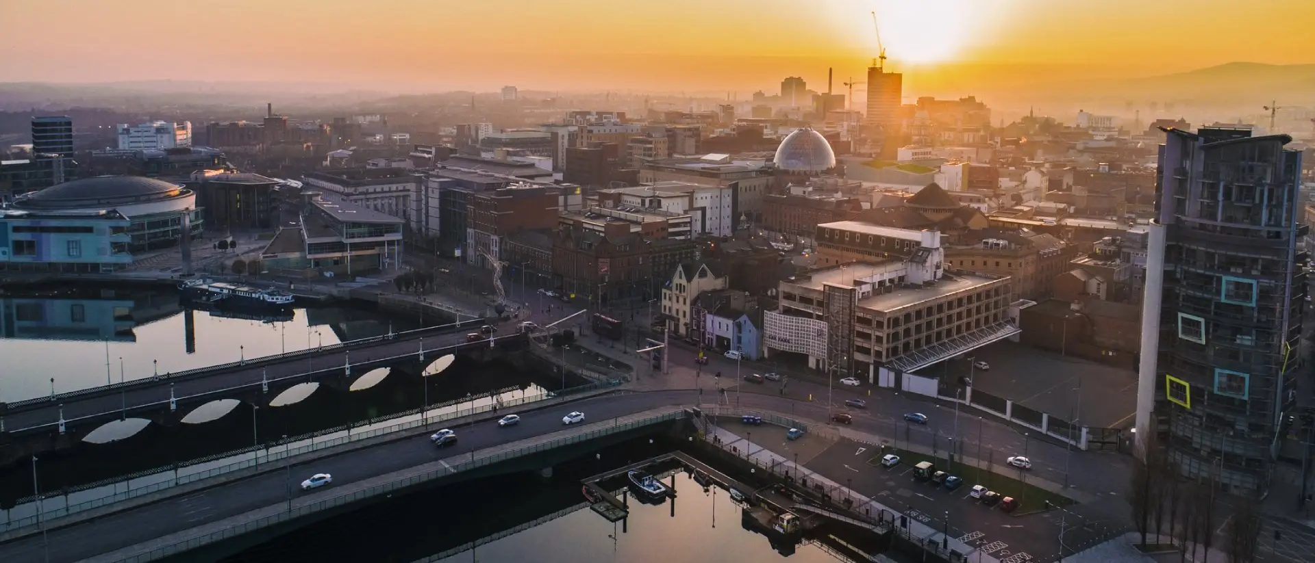 Belfast sunset aerial view 