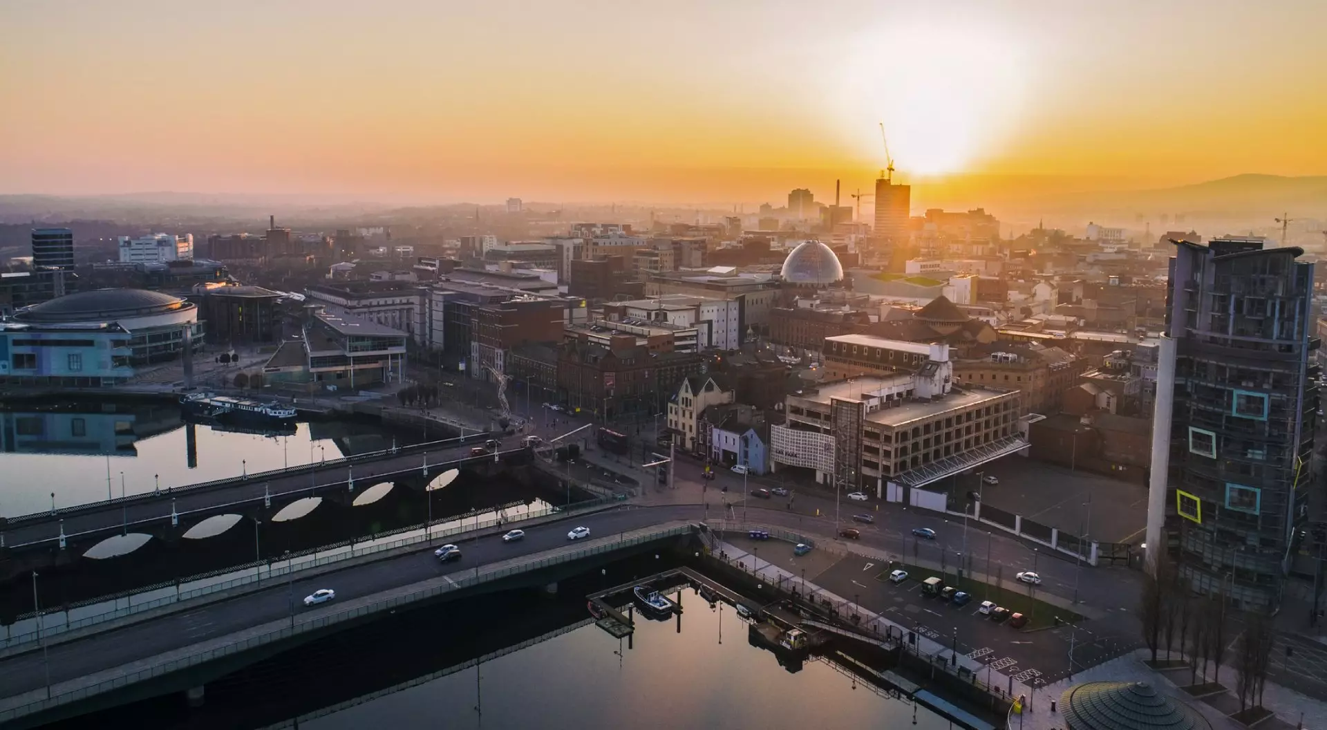 Belfast sunset aerial view 