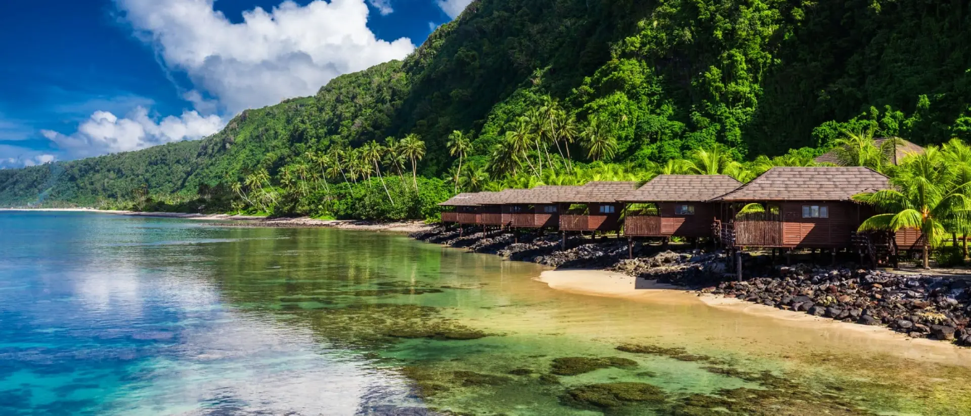 Tropical beach with coconut palm trees and beach houses