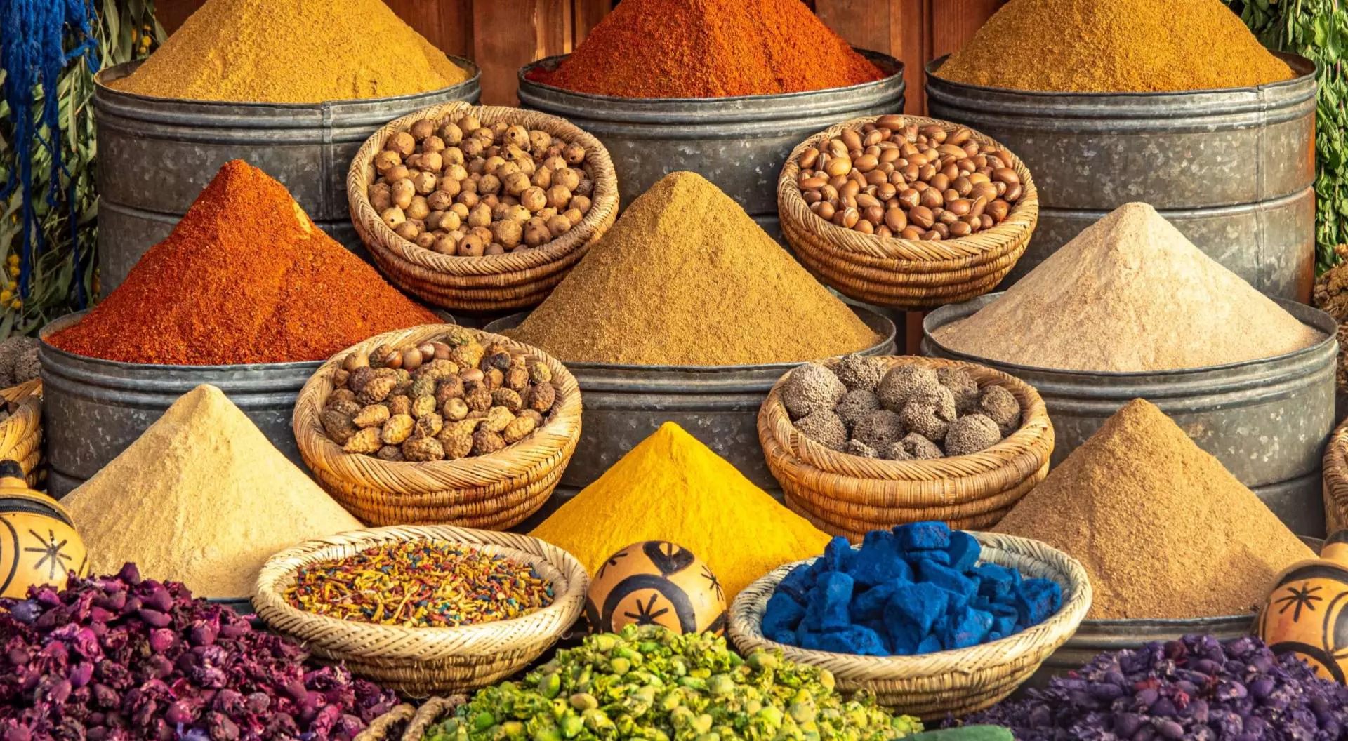 Souk market in Marrakesh, Morocco. Colorful spices and dyes found at souk market in Marrakesh, Morocco.