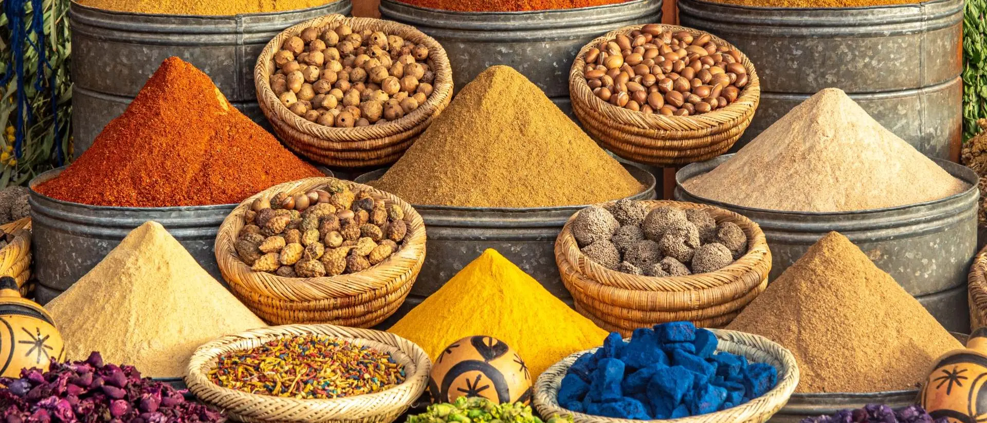Souk market in Marrakesh, Morocco. Colorful spices and dyes found at souk market in Marrakesh, Morocco.