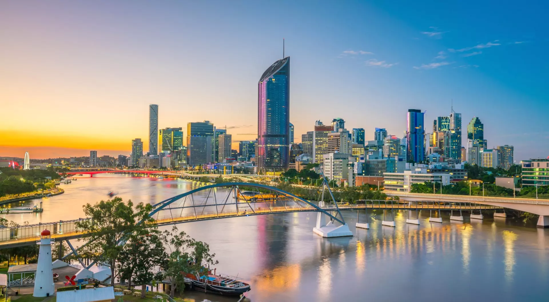 Brisbane city skyline and Brisbane river at twilight in Australia