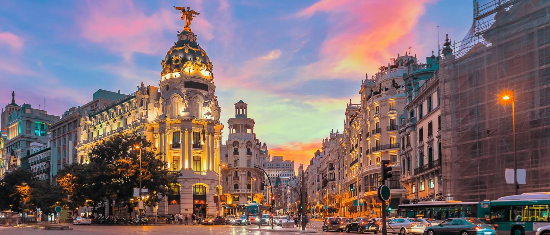 Madrid city skyline gran via street twilight, Spain