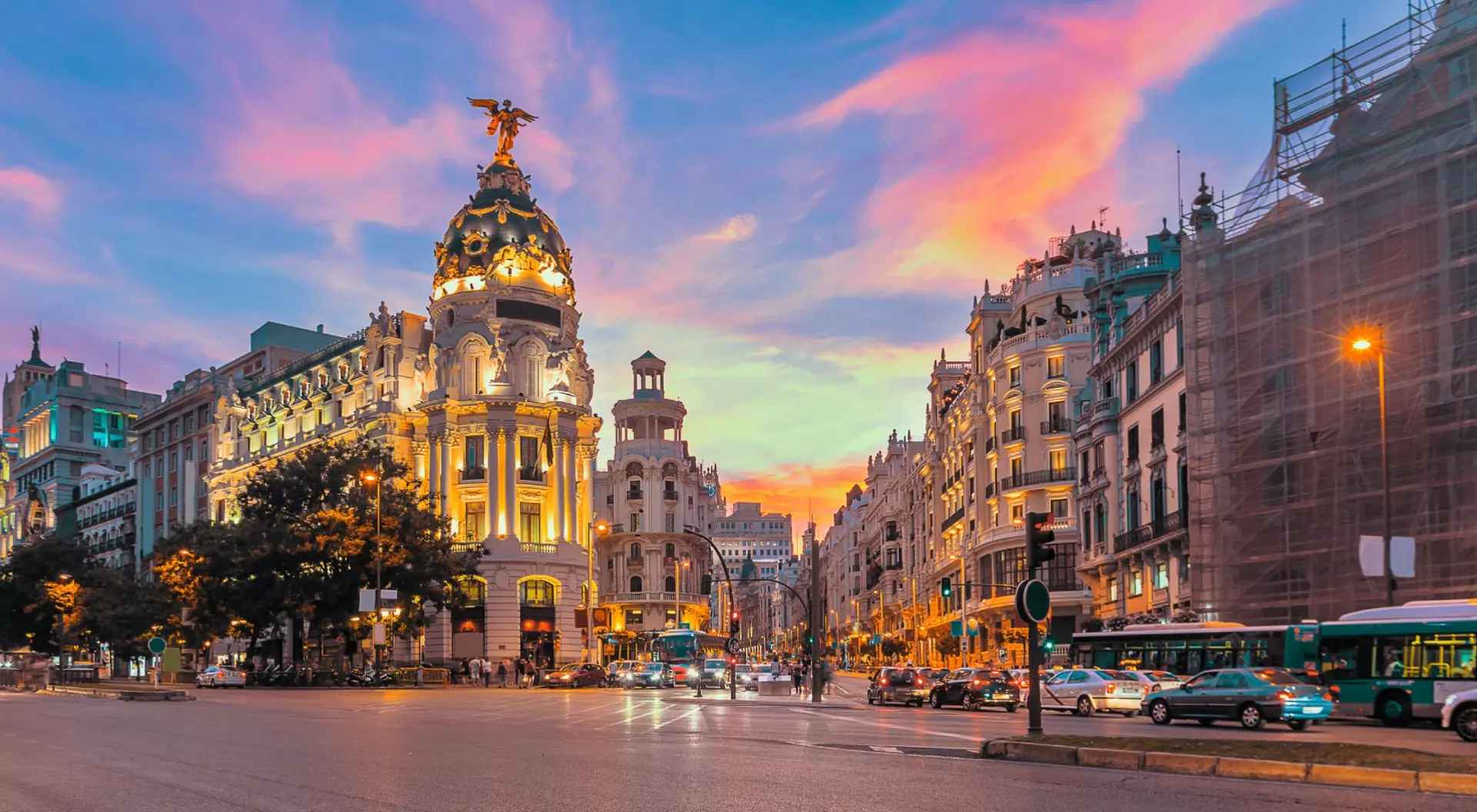 Madrid city skyline gran via street twilight, Spain