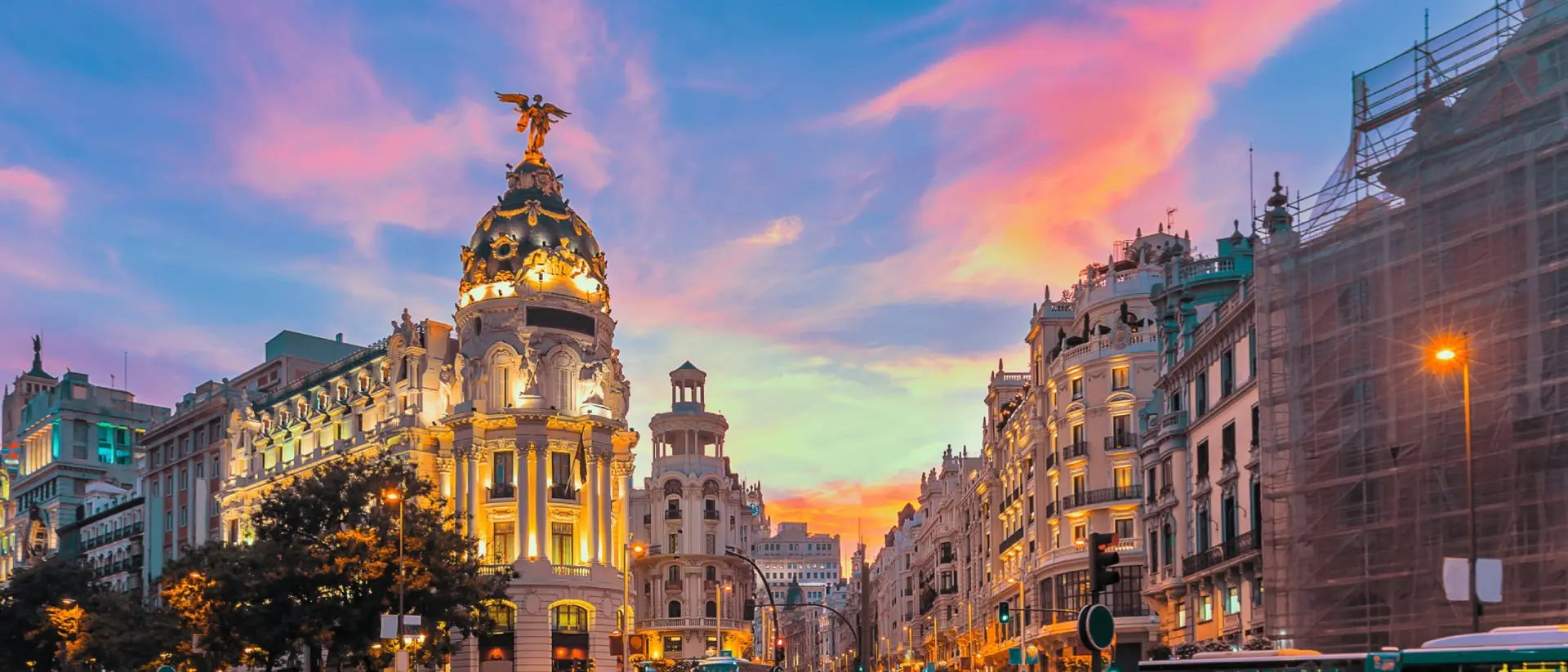 Madrid city skyline gran via street twilight, Spain