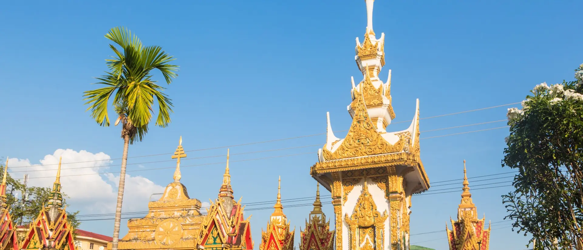 Buddhist stupas with palm trees