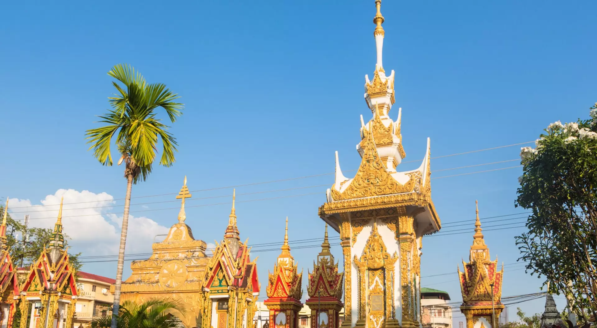 Wat Luang, Pakse, Laos Buddhist stupas with palm trees