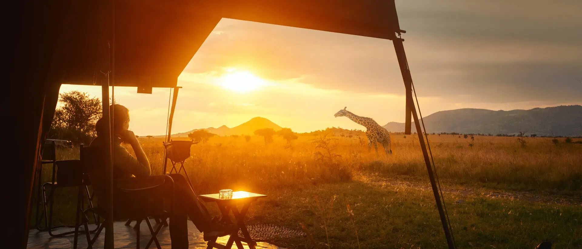 Serengeti, Tanzania A woman sitting in a tent at sunset looking at a giraffe