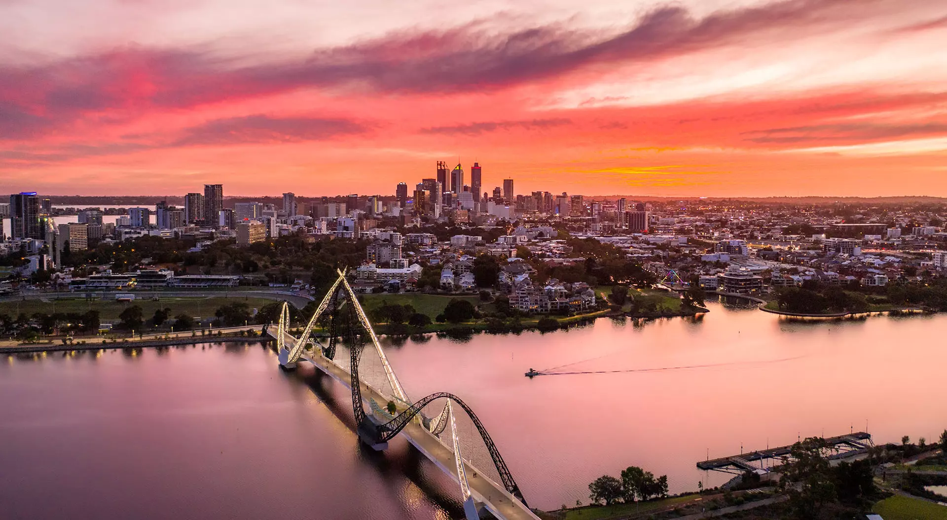 Perth, Western Australia Sunset over Perth in Western Australia, with the river, bridge, and skyline