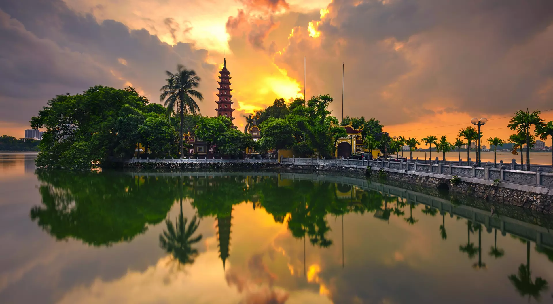 Sunset on Tran Quoc ancient pagoda in Ha Noi city, Vietnam