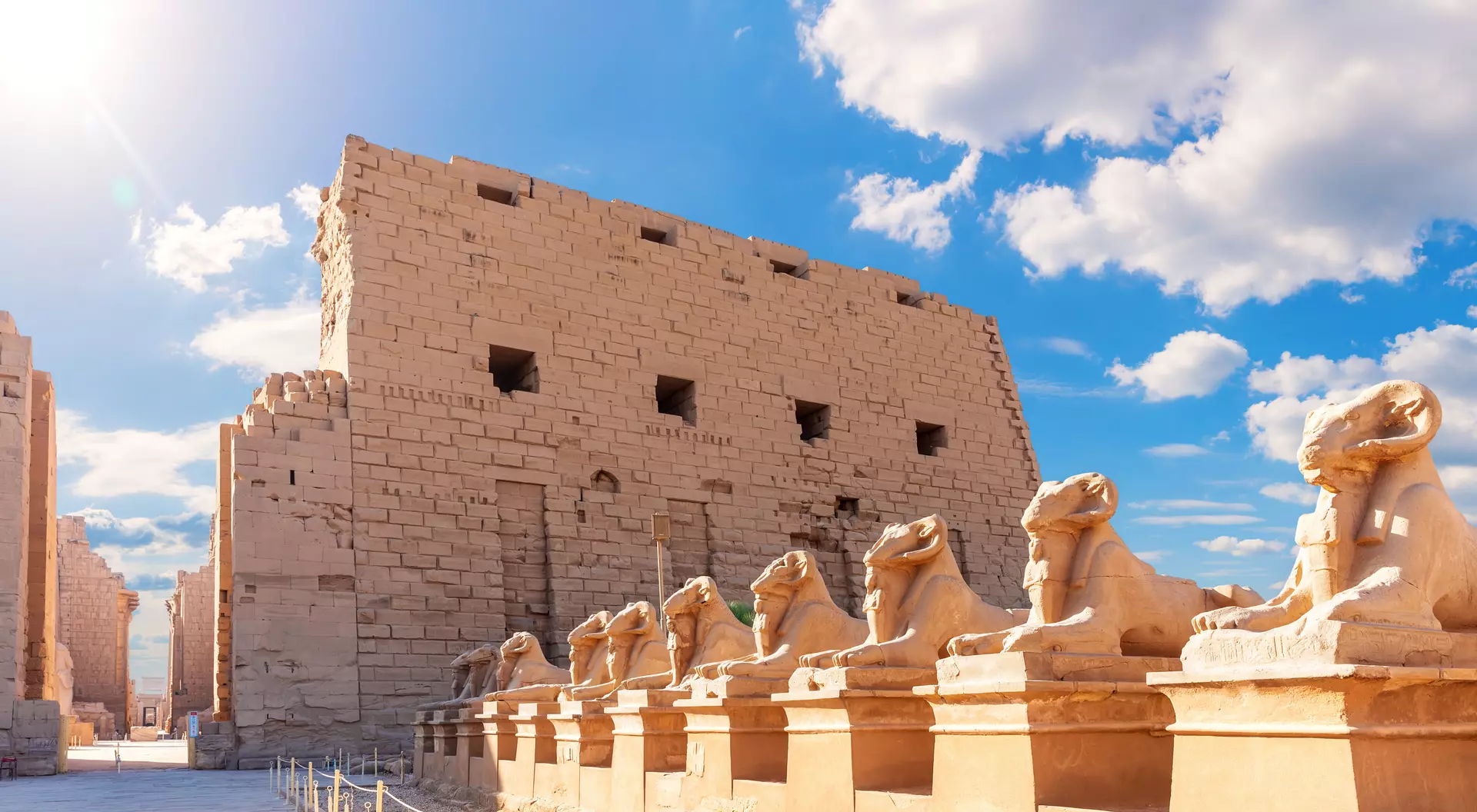 An avenue of human headed sphinxes at Karnak Temple