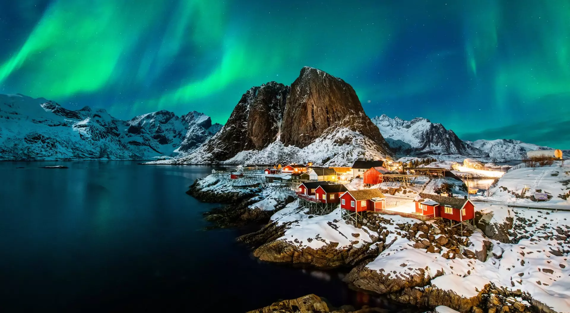 Aurora borealis over Hamnoy in Norway.