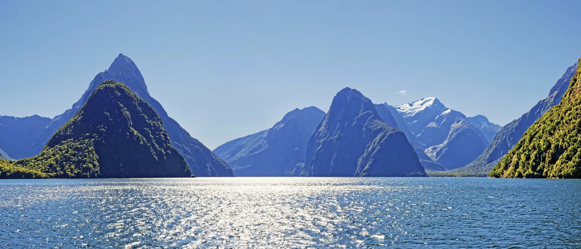 Milford Sound, Mitre Peak, and Mount Pembroke with snow