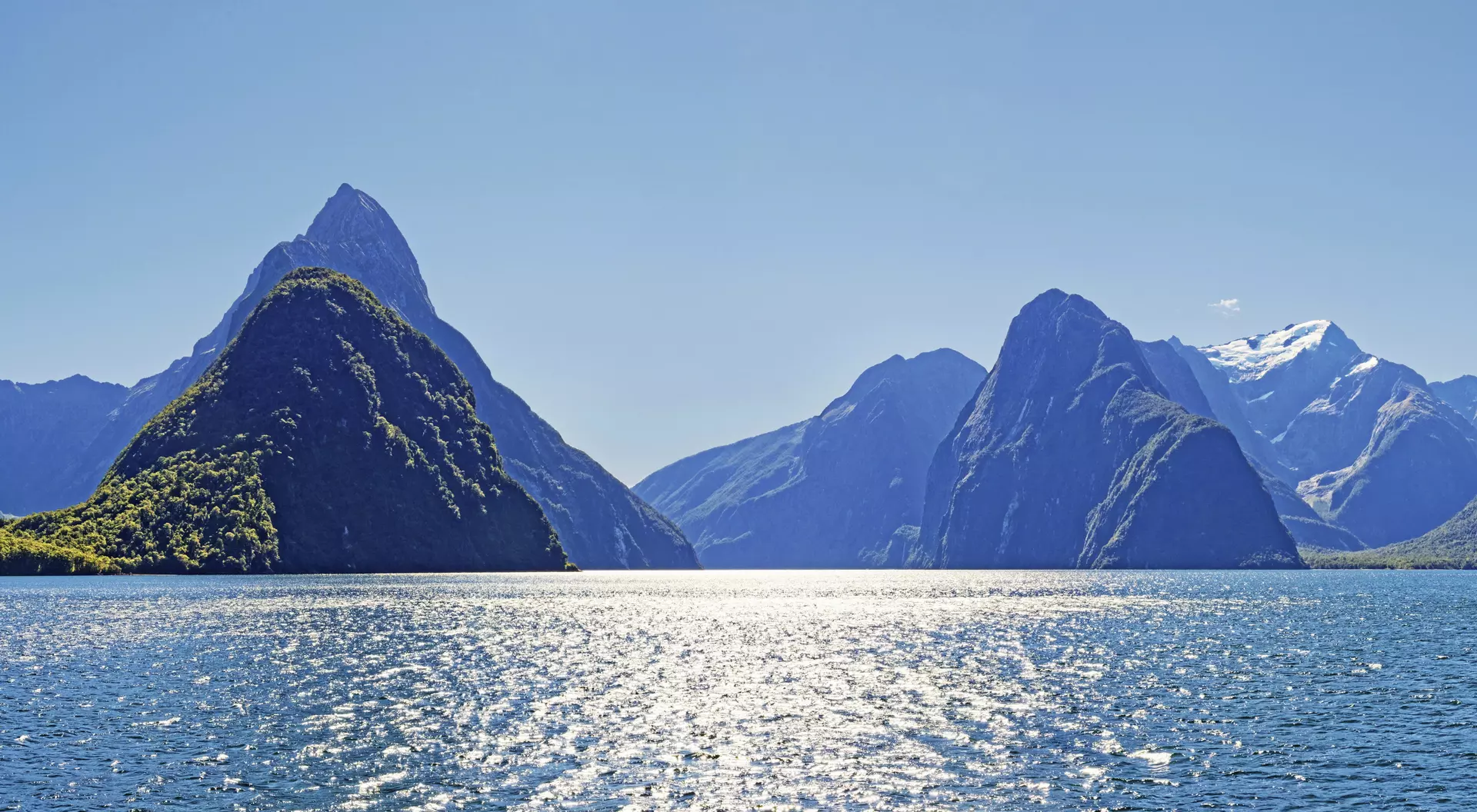 Milford Sound, Mitre Peak, and Mount Pembroke with snow