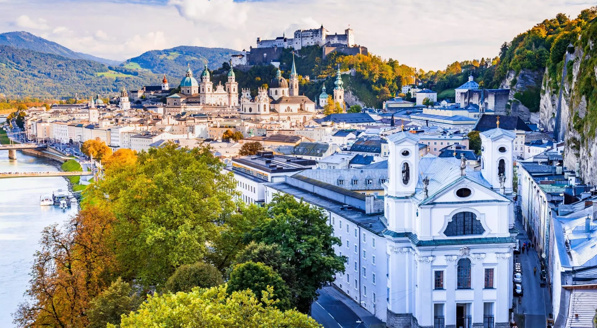 Salzburg skyline with Hohensalzburg castle and old town.