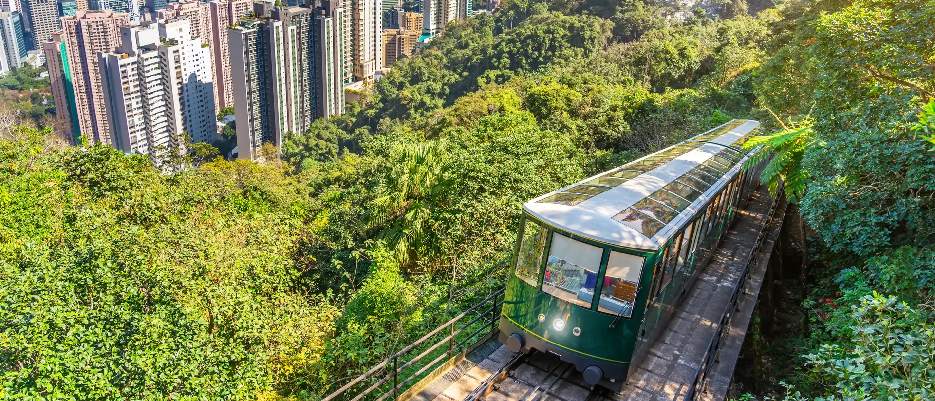 Hong Kong's famous green tram on the slope of Victoria Peak