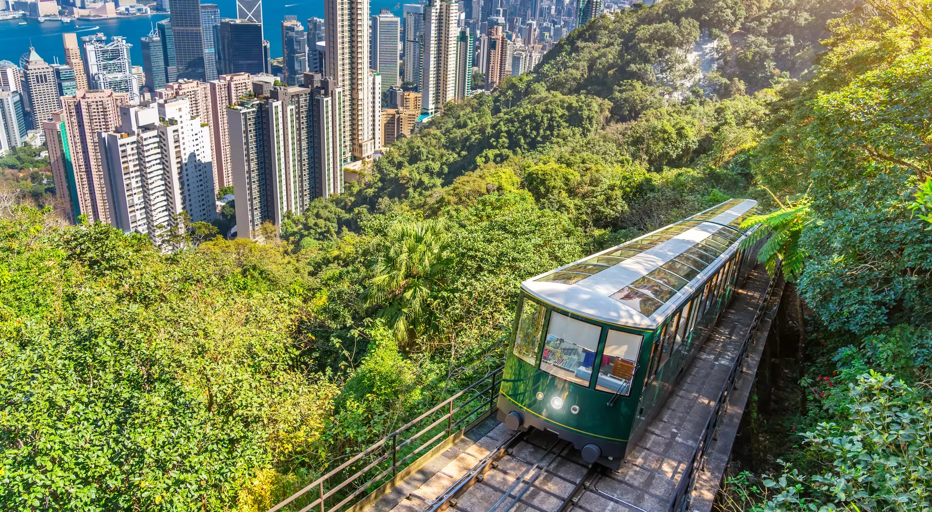 Hong Kong's famous green tram on the slope of Victoria Peak