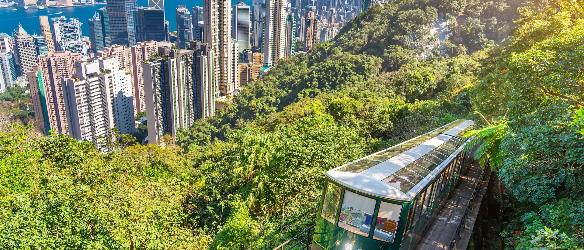 Hong Kong's famous green tram on the slope of Victoria Peak