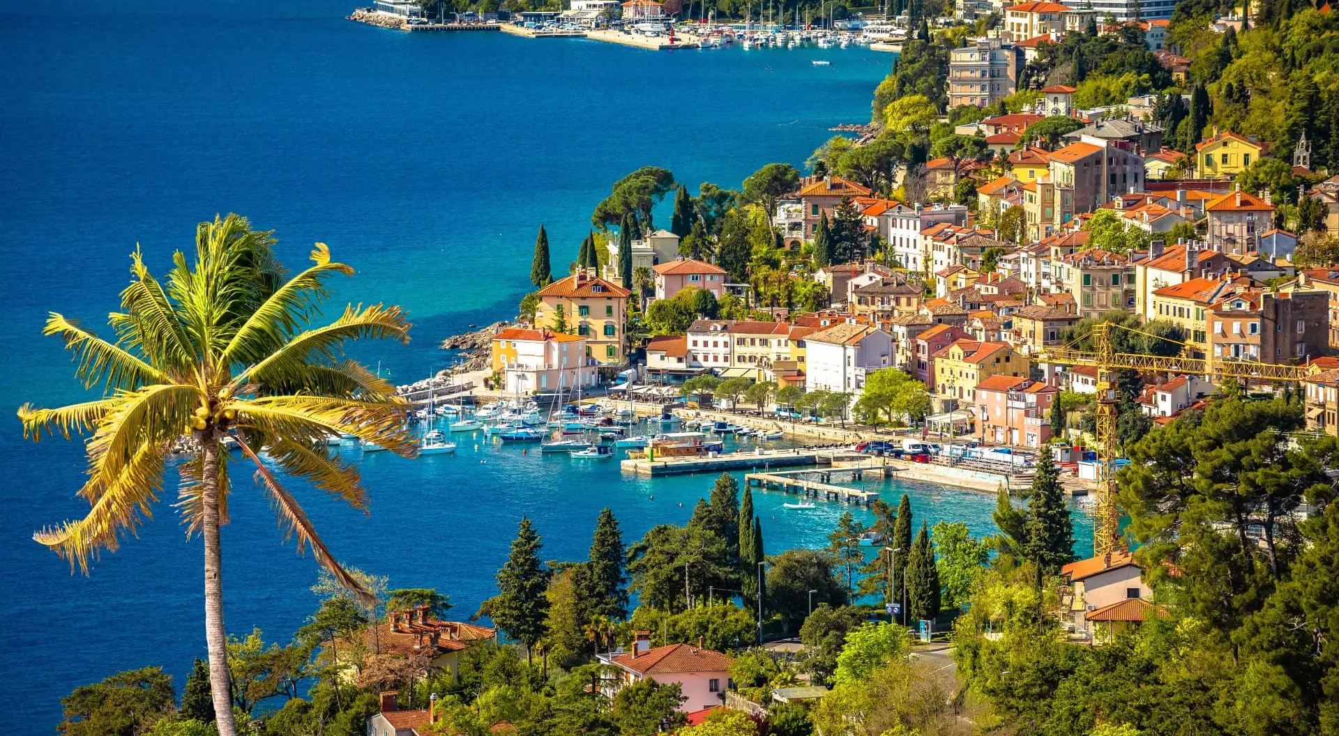 Town of Volosko on Opatija Riviera colofrul view, Kvarner bay of Croatia.