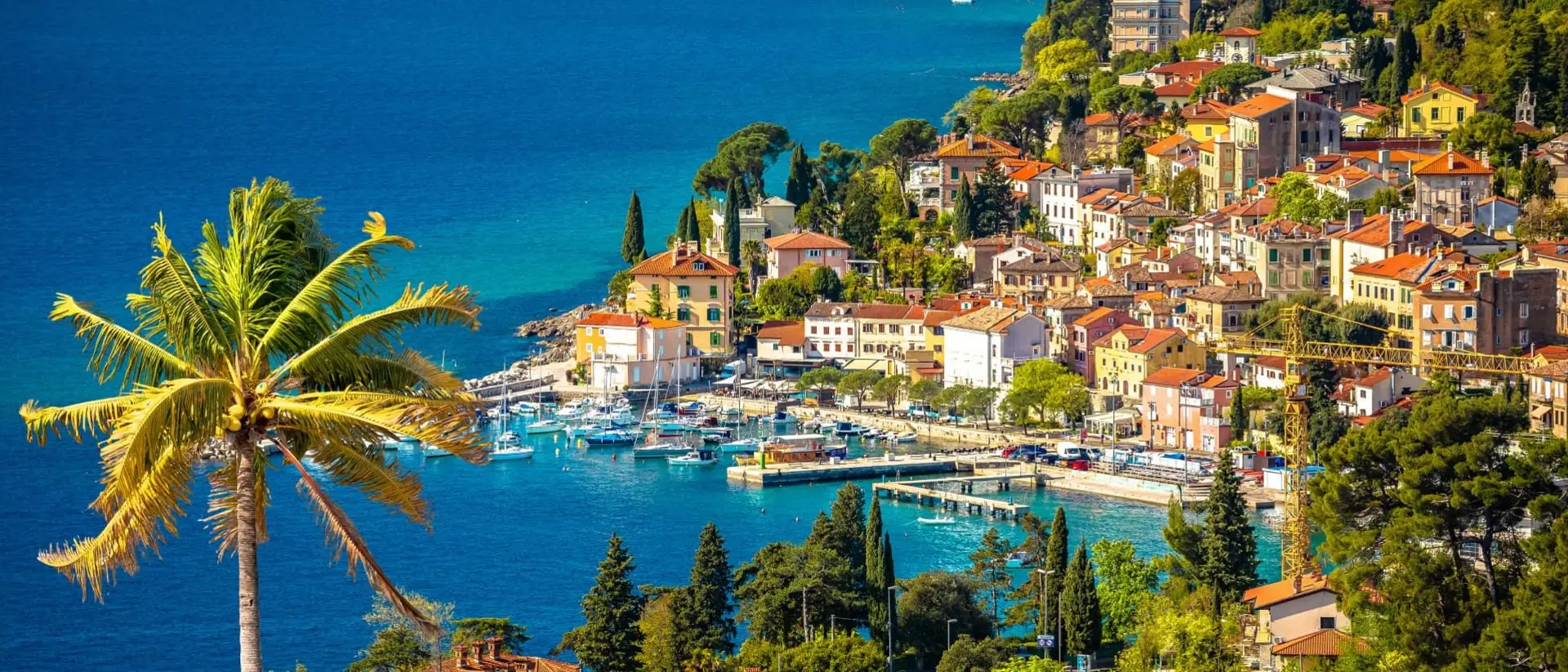 Town of Volosko on Opatija Riviera colofrul view, Kvarner bay of Croatia.