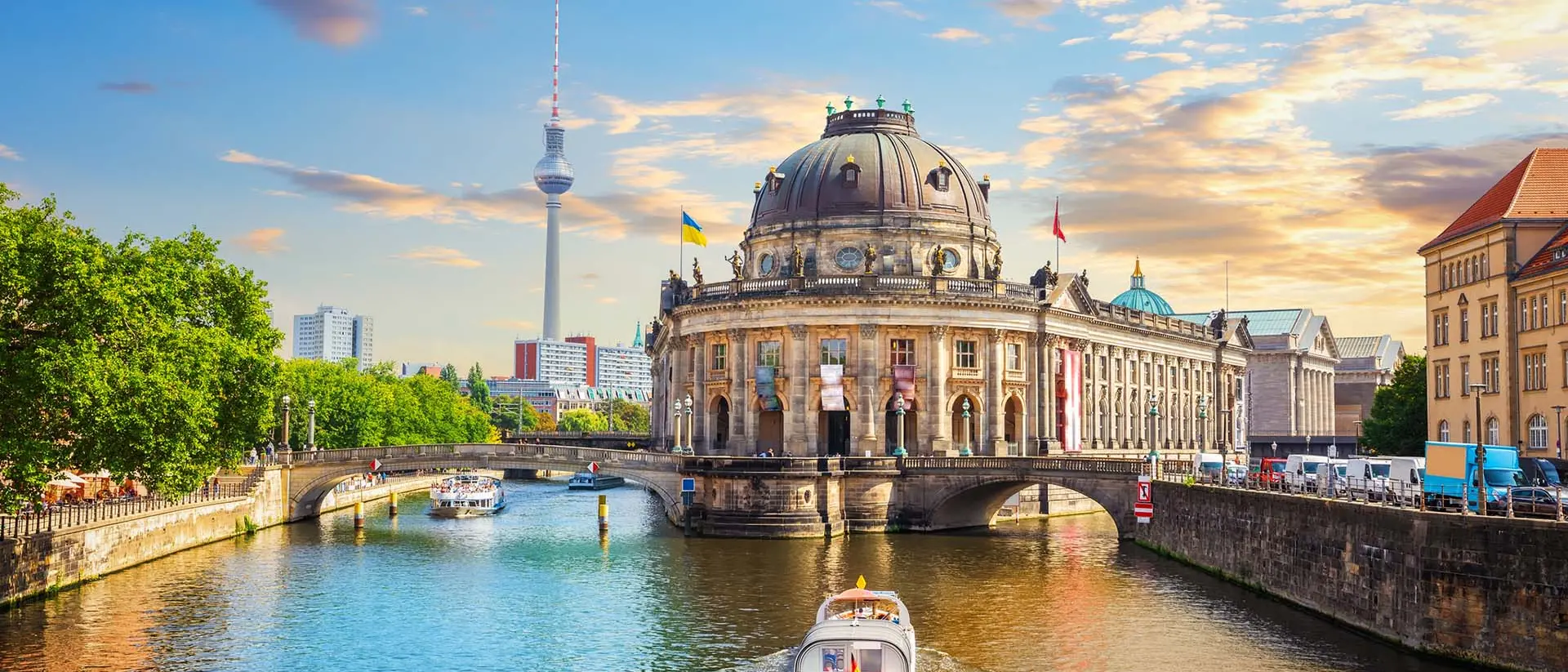 View of Museum Island in Berlin, Germany with river in view