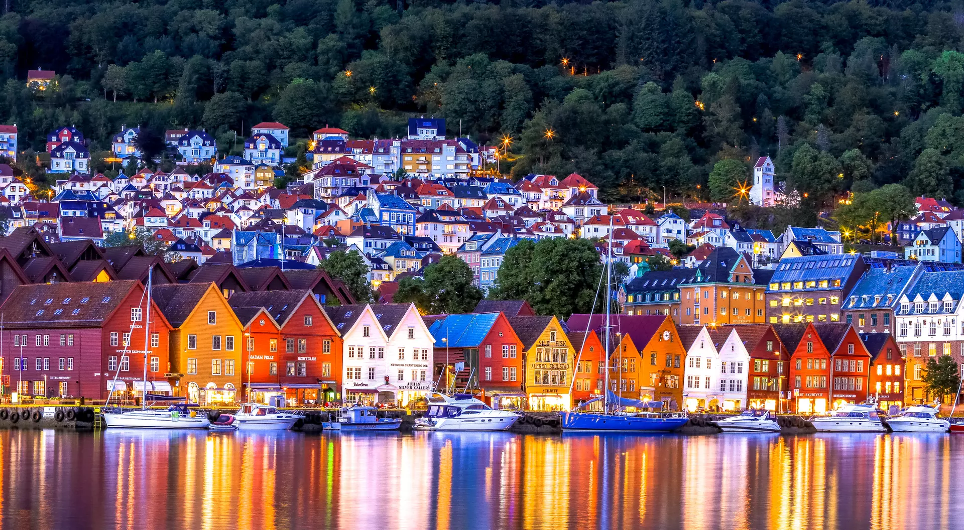 The famous Bryggen, with night lights all over the city