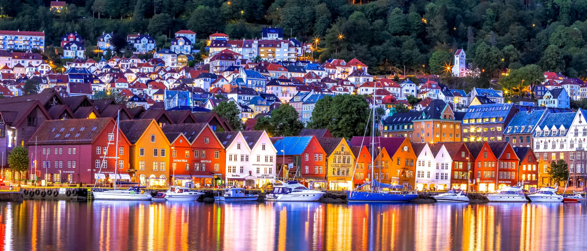 The famous Bryggen, with night lights all over the city