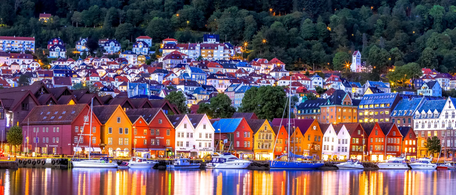 The famous Bryggen, with night lights all over the city
