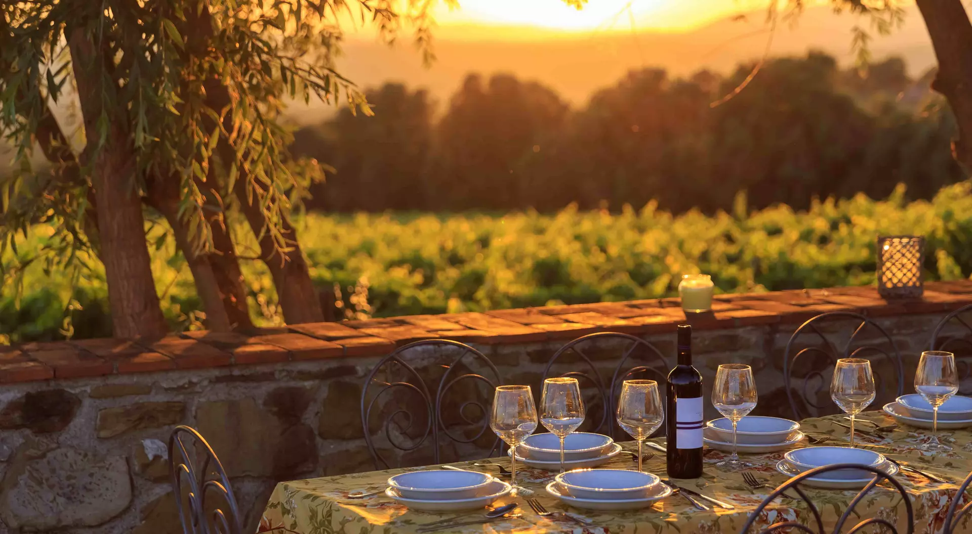 Outdoor table with vineyard background in susnet time in tuscany italy