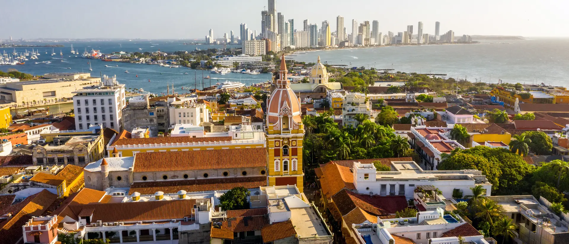 Aerial view of the historic city center of Cartagena, Colombia. Panorama of the old and new parts of the city in Cartagena